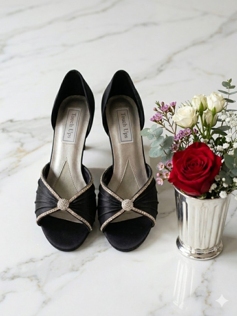 Vintage Y2K  Touch Ups Black Satin D’Orsay Crystal Kitten Heels Leather Sole 8M